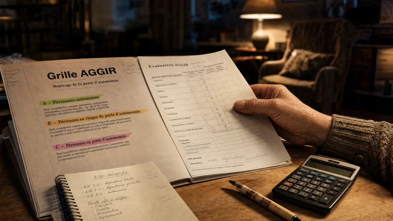 Calcul gir : grille AGGIR A/B/C sur table, dossier d’évaluation