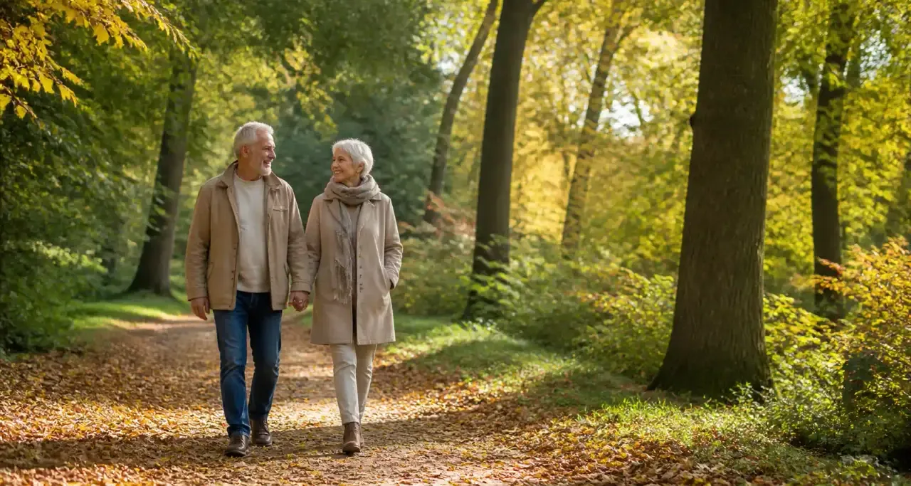 Couple de seniors se promenant dans un parc en automne