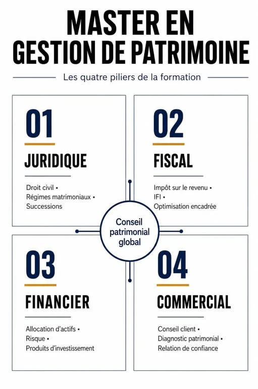 Infographie des compétences clés d'un Master en gestion de patrimoine