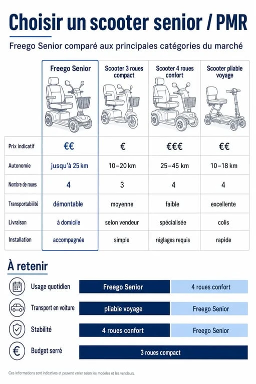 Infographie comparative sur le scooter mobilité électrique Freego Senior prix, autonomie et critères de choix
