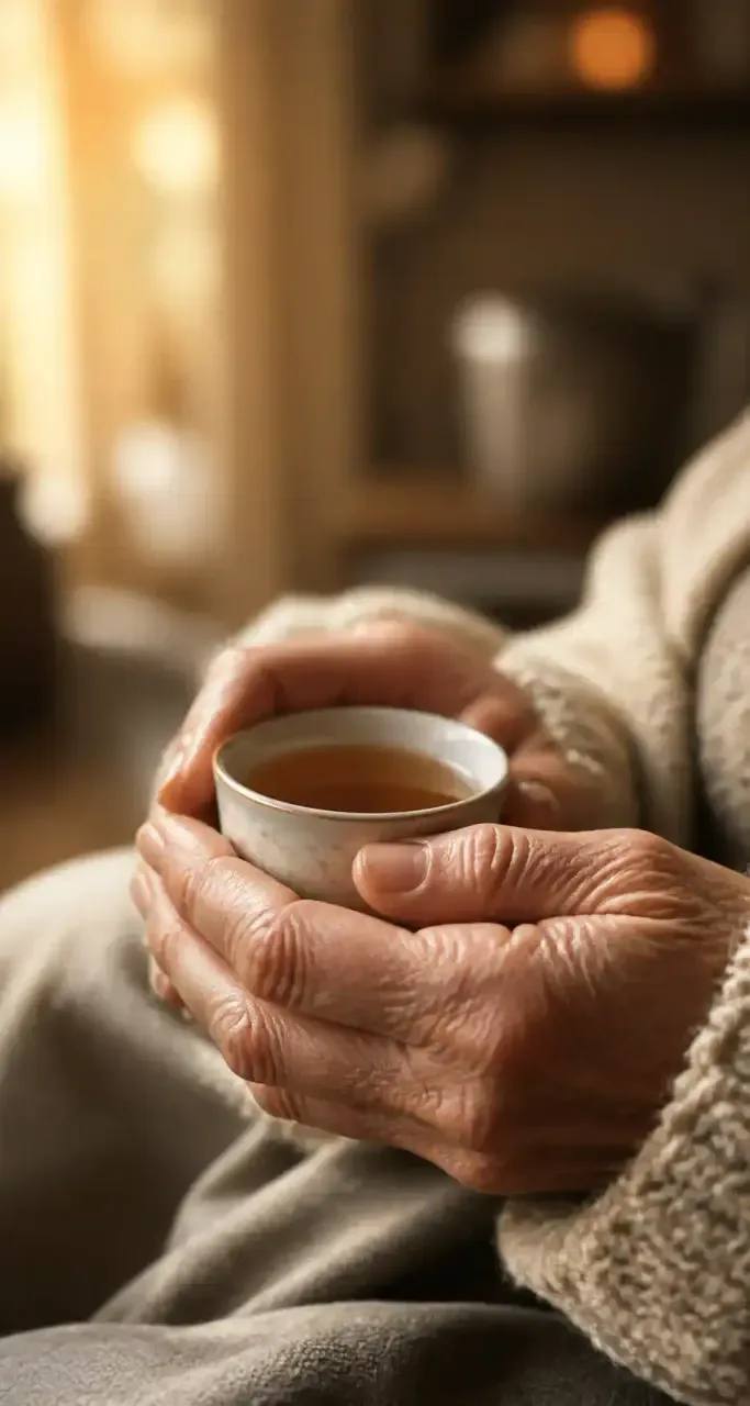 Mains d'une personne âgée tenant une tasse de thé chaud