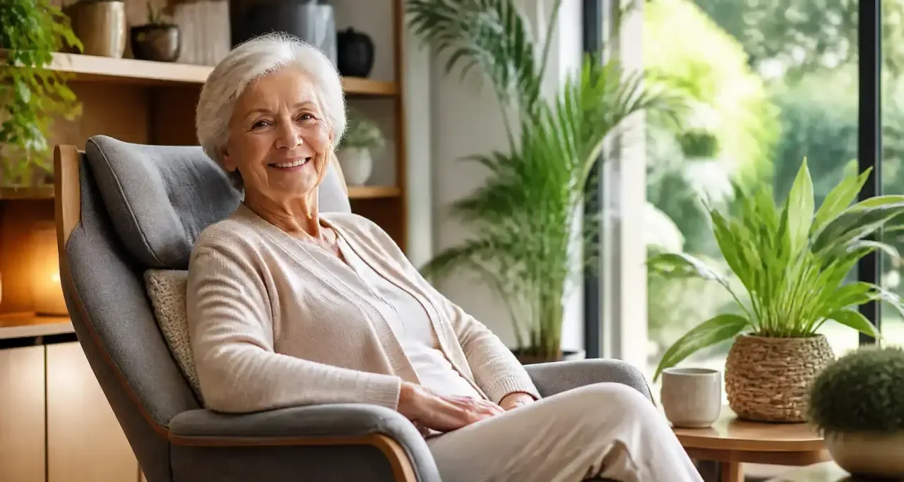 Femme senior détendue dans son salon lumineux