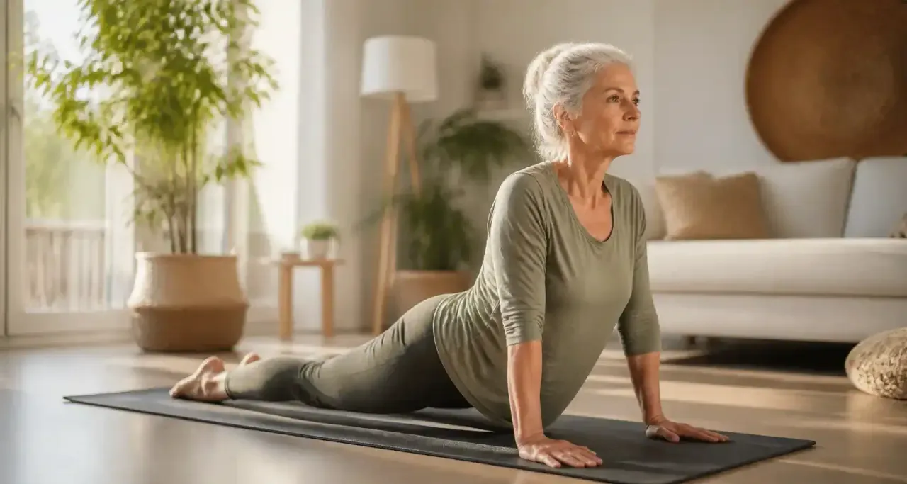 Femme senior pratiquant le yoga doux à domicile