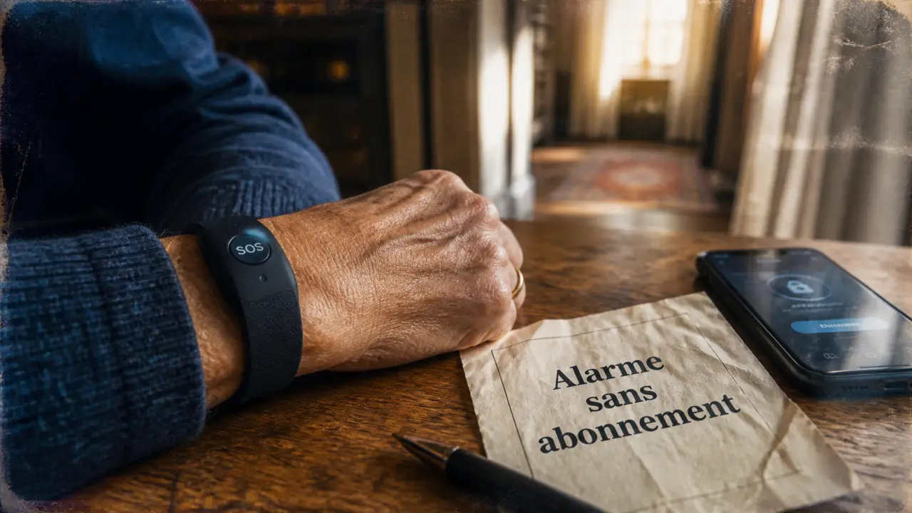 Bracelet alarme personne âgée sans abonnement, bouton SOS visible