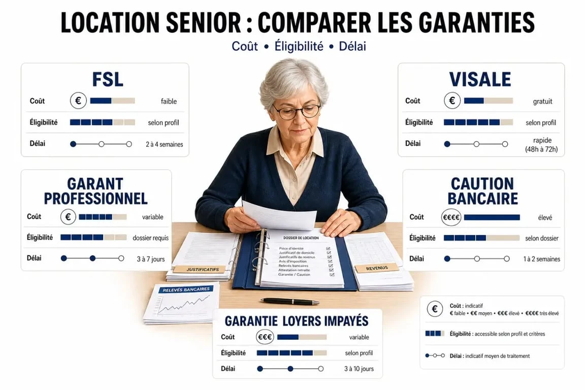 Organisme garant pour retraité : comparaison visuelle des solutions FSL, Visale, caution bancaire et garant professionnel