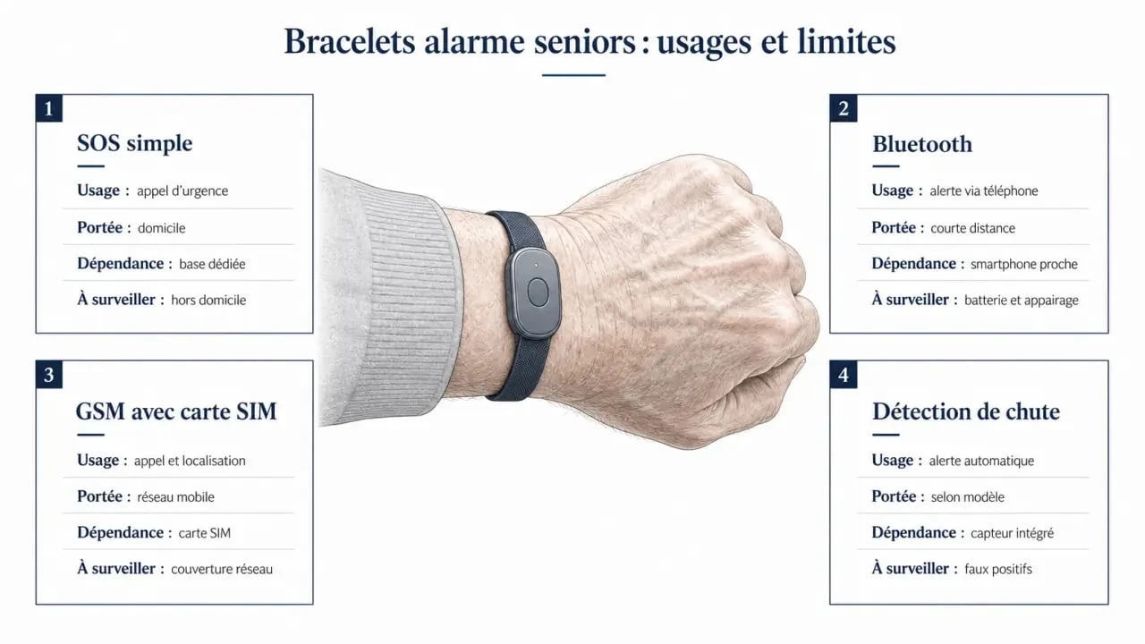 Bracelet alarme personne âgée sans abonnement : comparaison visuelle des technologies SOS, Bluetooth, GSM et détection de chute