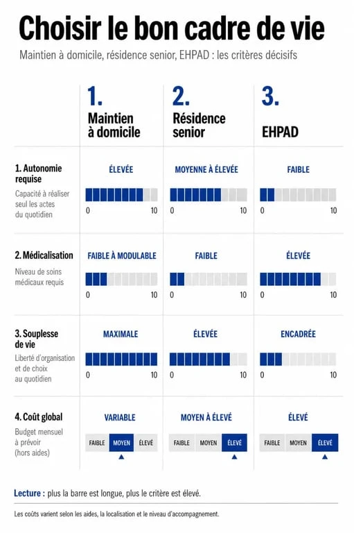 Inconvénient résidence senior : comparaison visuelle entre maintien à domicile, résidence senior et EHPAD