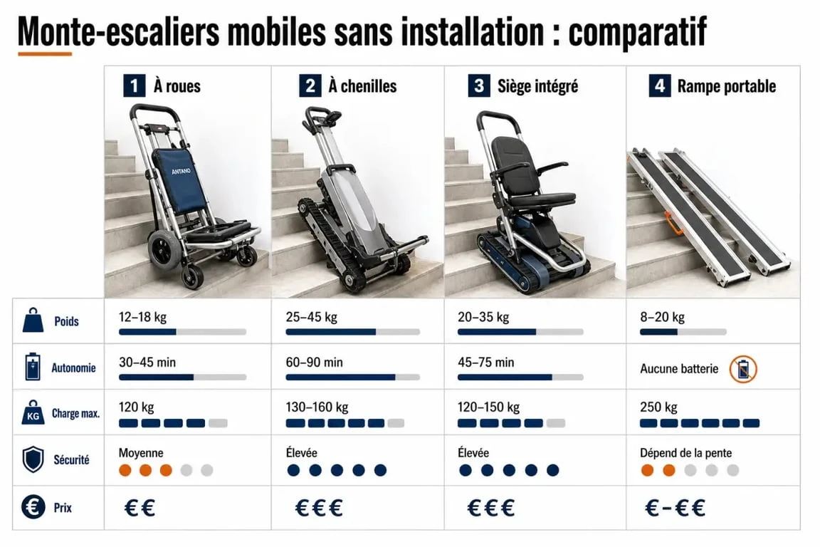 Monte escaliers mobile sans installation : comparatif visuel des modèles à roues, à chenilles, avec siège intégré et rampe portable