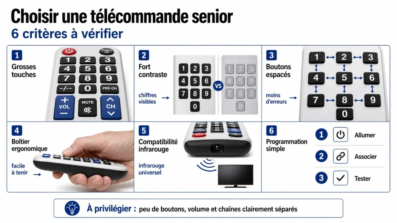 Télécommande pour personne âgée : critères essentiels de choix avec grosses touches, contraste et compatibilité