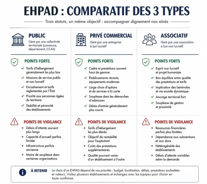 Comparatif des types d'EHPAD : public, privé et associatif pour aider au classement ehpad