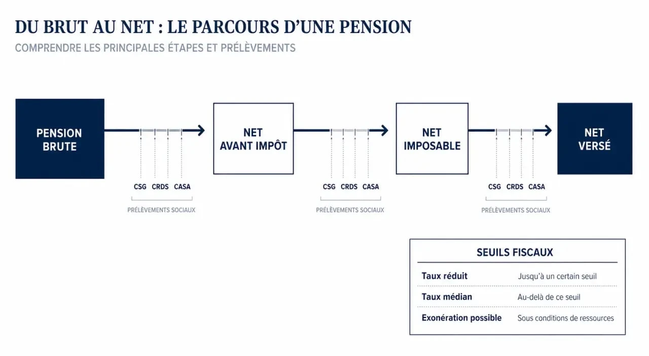 Schéma retraite net et brut montrant le passage du brut au net avant impôt et au net versé