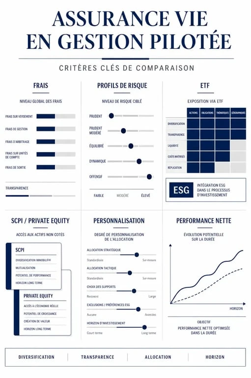 Comparatif meilleur assurance vie gestion pilotée : frais, profils de risque, ETF, ESG et personnalisation