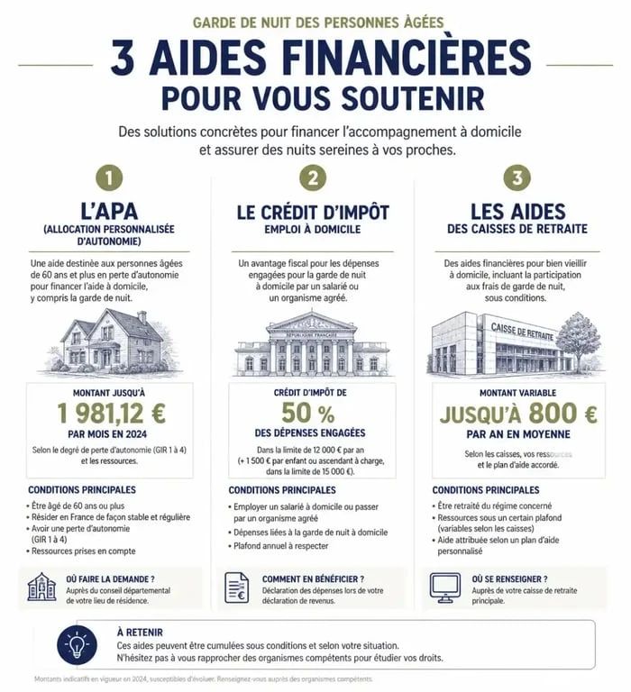 Infographie des aides financières pour la garde de nuit d'une personne âgée