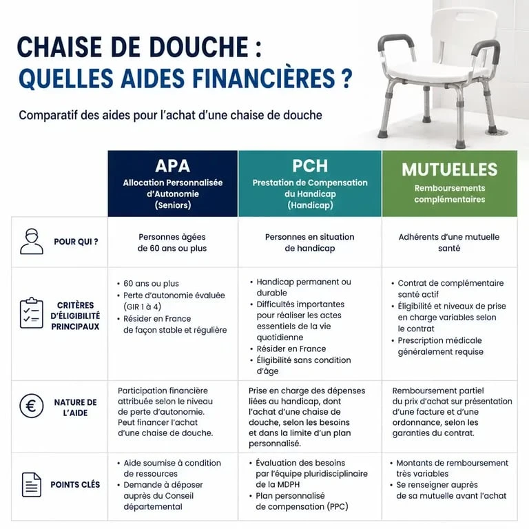 Tableau comparatif des aides financières pour l'achat d'une chaise de douche