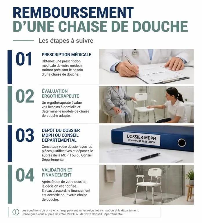 Schéma des étapes pour obtenir le remboursement d'une chaise de douche et aides financières