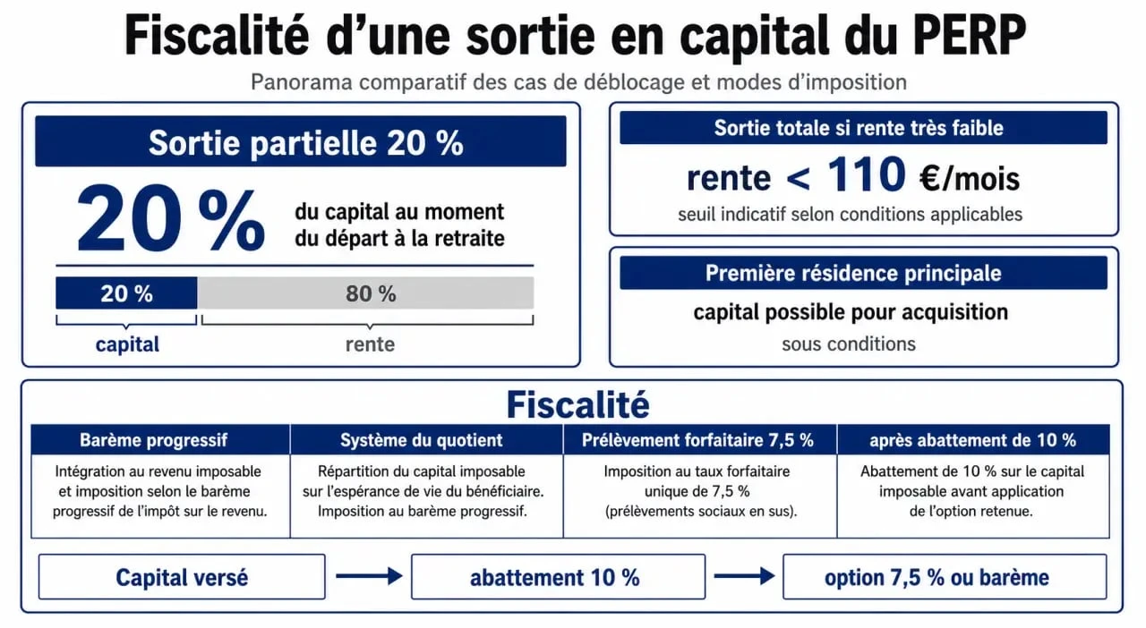 Fiscalite perp sortie en capital : infographie comparative des cas de sortie, des seuils et de l’imposition