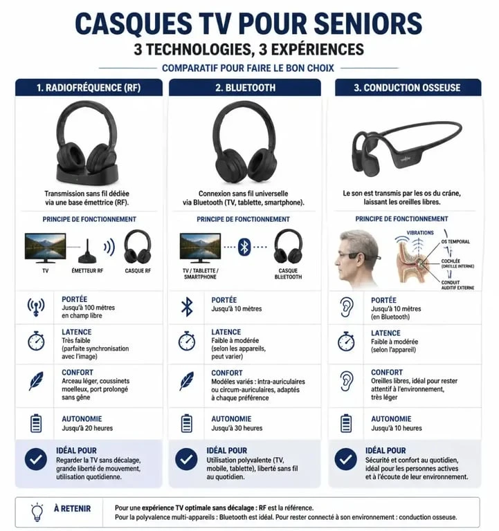 Comparatif des technologies de casque TV pour senior : RF, Bluetooth et conduction osseuse