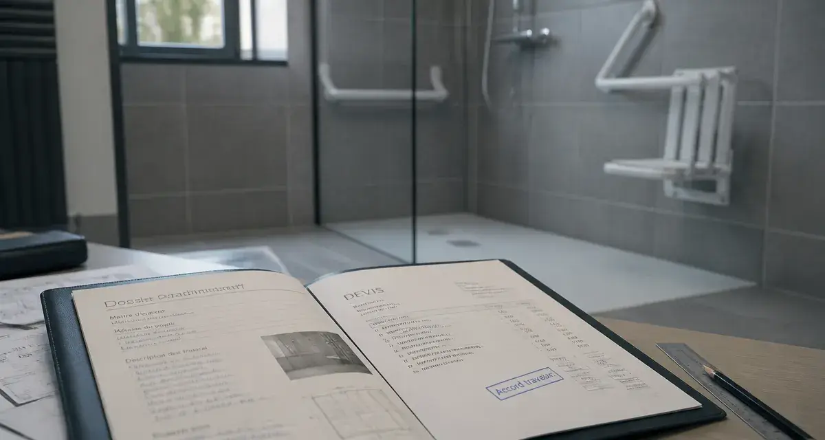 Aide pour douche italienne pour handicapé : douche PMR avec barres d’appui et siège rabattable