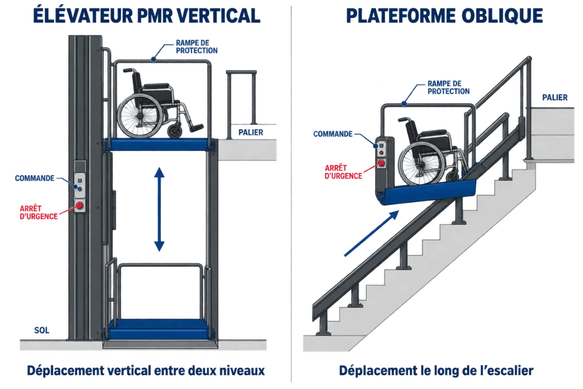 Schéma de fonctionnement d'un élévateur PMR vertical et d'une plateforme oblique