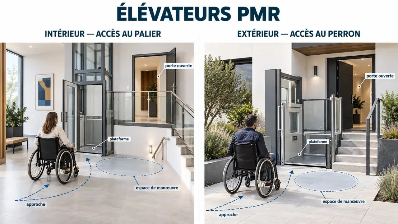 Élévateur PMR intérieur et extérieur avec espace de circulation pour fauteuil roulant