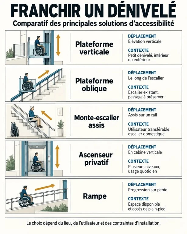 Infographie comparative des solutions d'élévateur PMR selon la configuration et l'usage