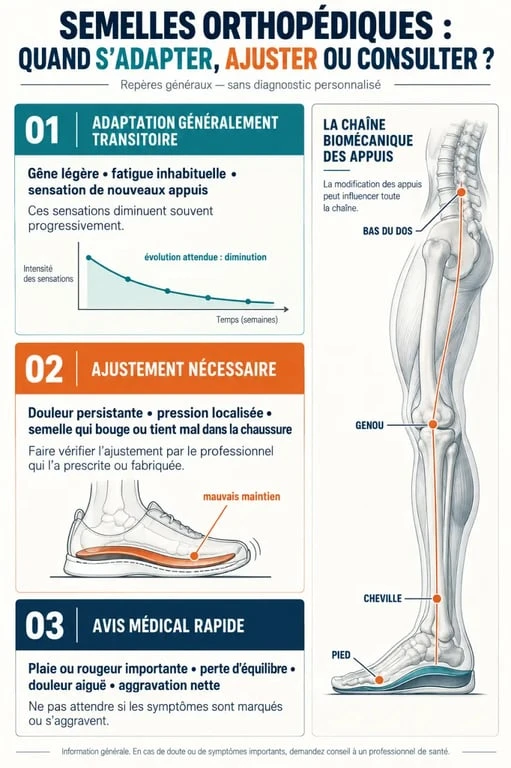 Infographie sur les semelles orthopédiques effets secondaires et les signes nécessitant un ajustement ou un avis médical