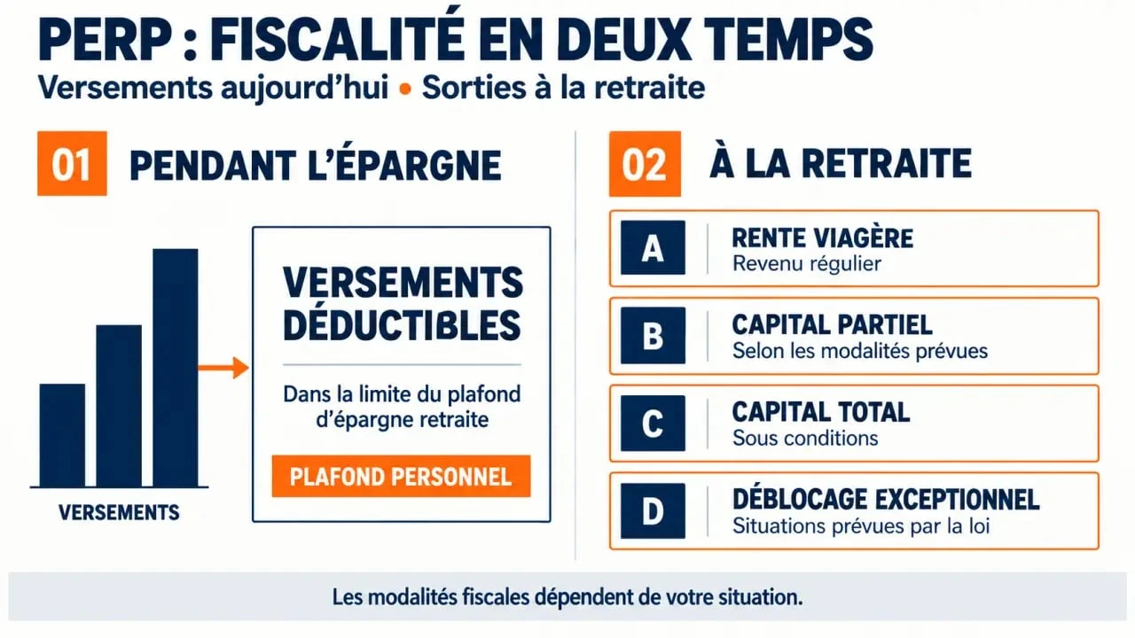 Infographie sur la fiscalité PERP, entre déduction des versements et imposition des sorties