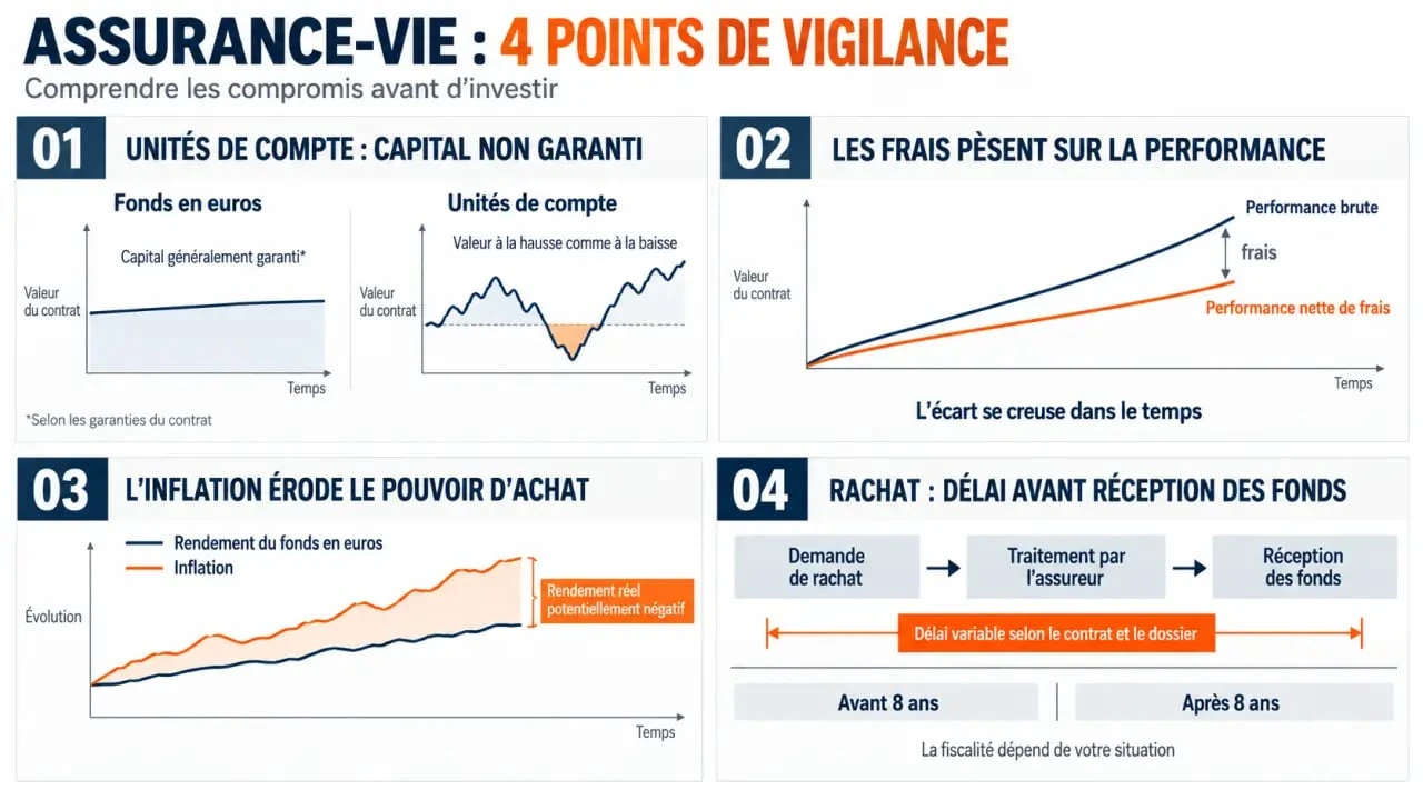 Infographie sur les inconvénients de l’assurance-vie, les frais, les unités de compte et la liquidité