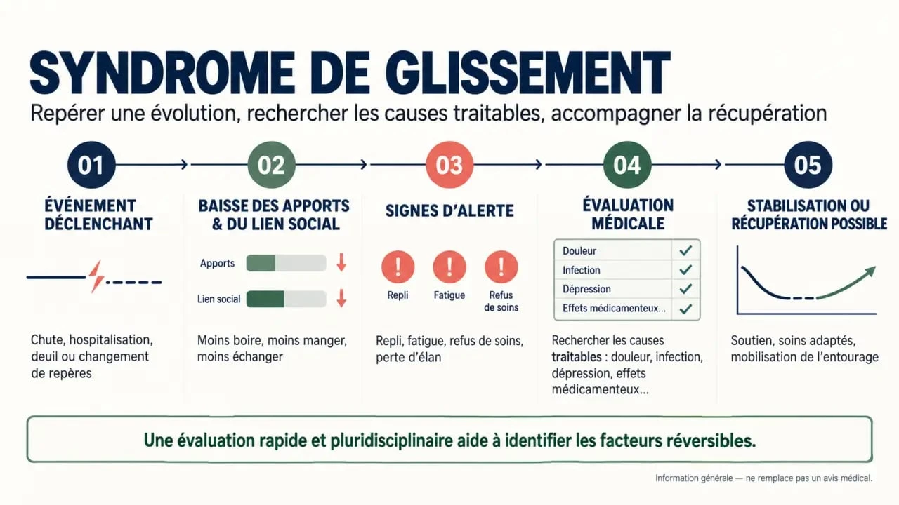 Syndrome de glissement et espérance de vie : schéma des signes d’alerte, de l’évaluation médicale et des possibilités de récupération