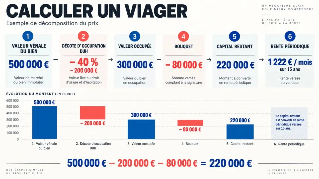 Table de calcul viager : étapes de la valeur vénale à la rente après décote d’occupation et bouquet