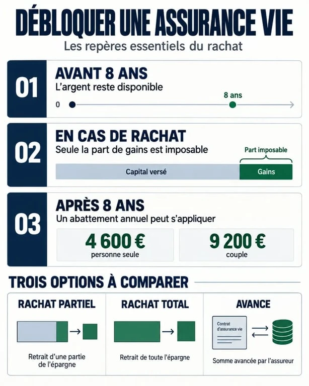 Débloquer une assurance vie : fiscalité du rachat, abattement après 8 ans et choix entre retrait partiel, total ou avance