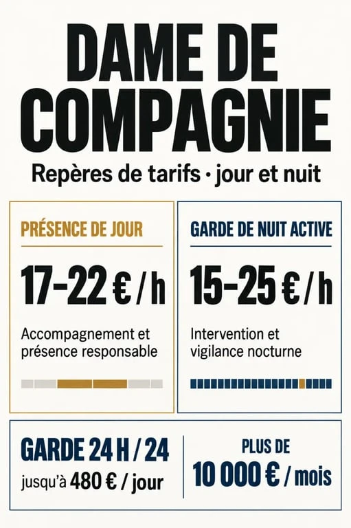Infographie sur le tarif dame de compagnie nuit et jour et les différences entre présence responsable et garde active