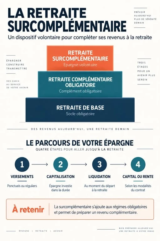 Schéma des trois niveaux de retraite et du fonctionnement de la retraite surcomplémentaire