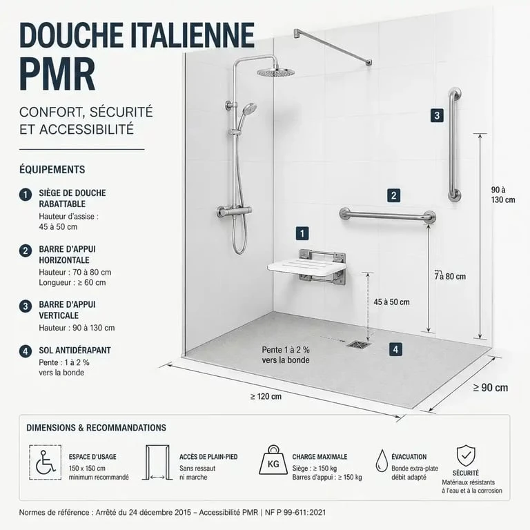 Schéma d'une douche italienne pour handicapé avec équipements PMR