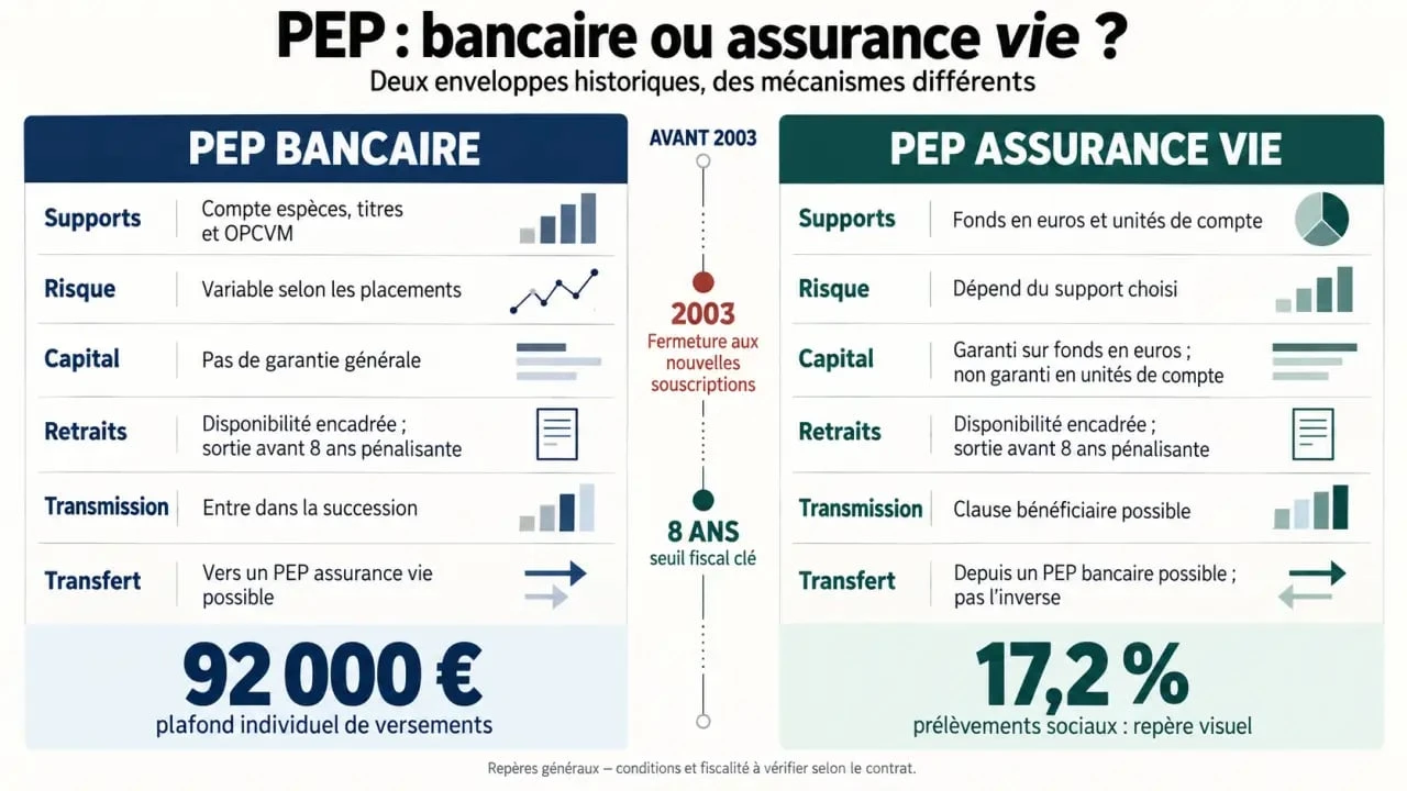 Infographie comparative sur le PEP assurance vie et le PEP bancaire