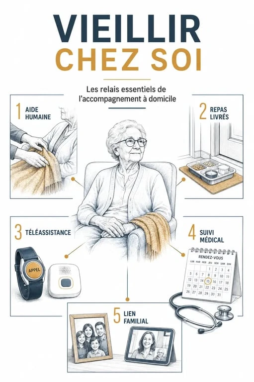 Accompagnement personne agee à domicile avec aide humaine, téléassistance et portage de repas