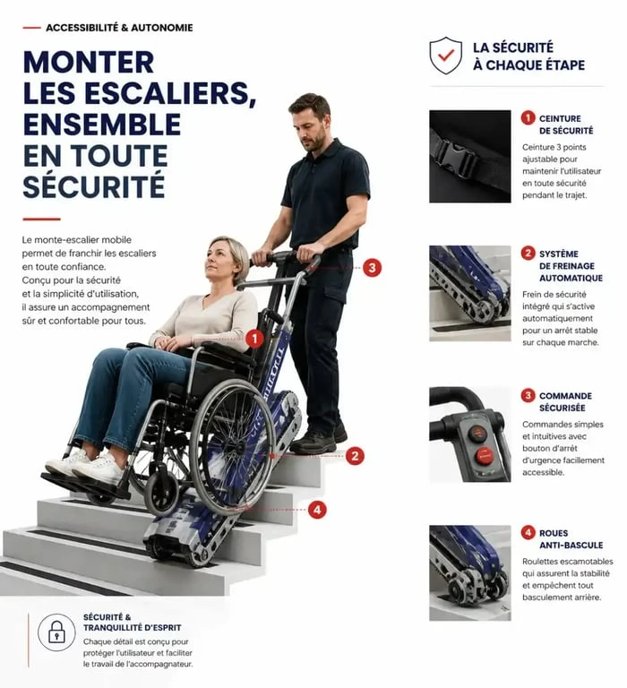 Utilisation sécurisée d'un monte-escalier mobile avec accompagnateur