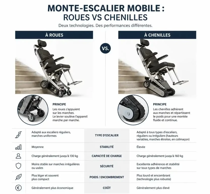 Comparatif technique des monte-escaliers mobiles sans installation : roues versus chenilles