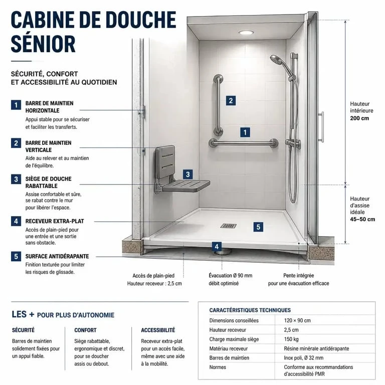 Schéma technique d'une cabine de douche senior sécurisée avec receveur extra-plat et barres de maintien
