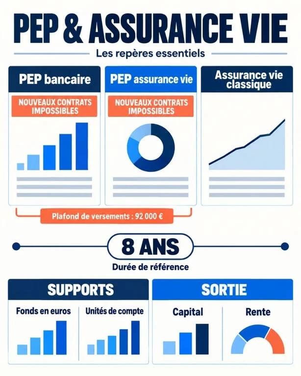 Infographie comparative sur le PEP assurance vie, le plafond de 92 000 euros et la durée de huit ans