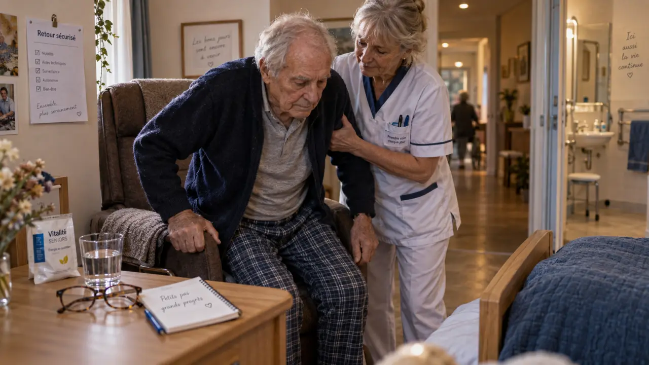 Récupération opération personne âgée : infirmière aide au lever en maison de retraite