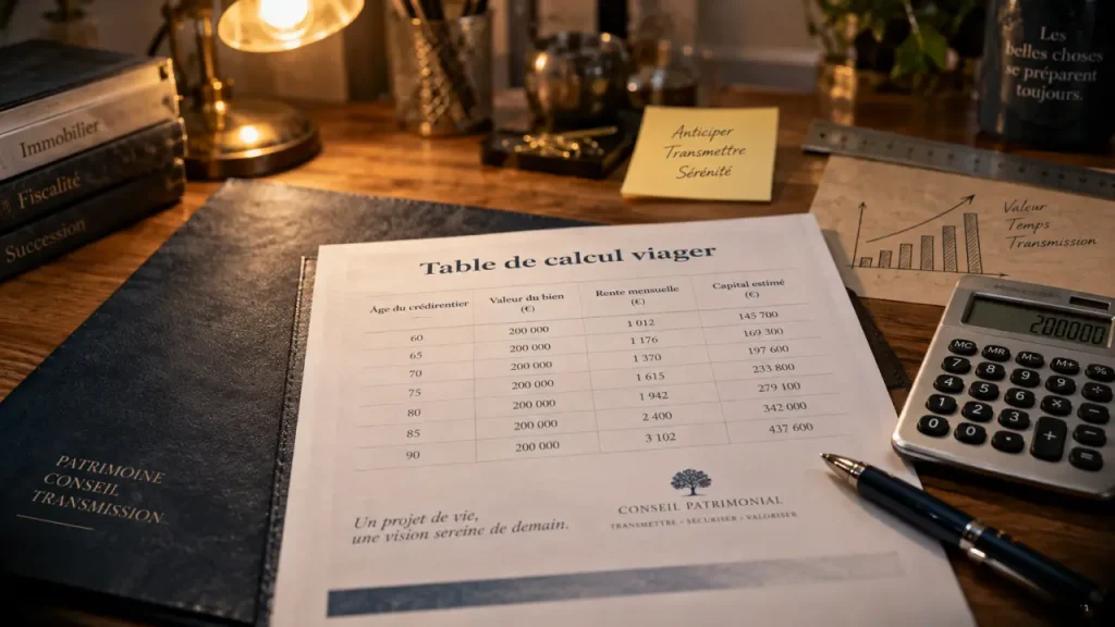 La table de calcul viager relie valeur occupée, bouquet et rente