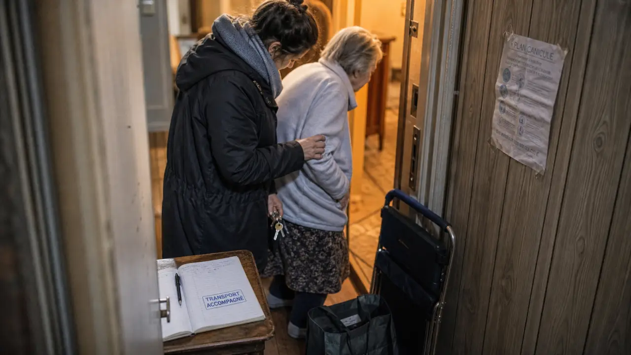 Transport accompagné senior : accompagnatrice aide une personne âgée à franchir la porte