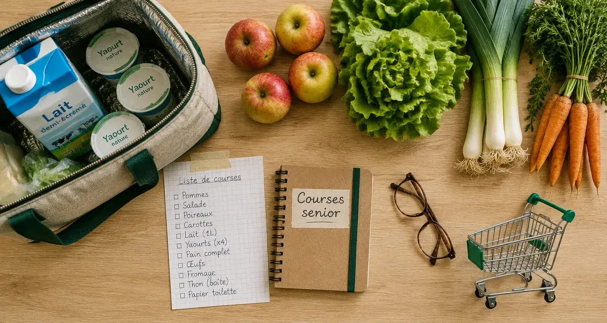 Accompagnement courses senior : liste de courses et sac isotherme sur table